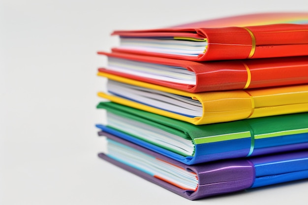 Stack of rainbowcolored binders on a white surface