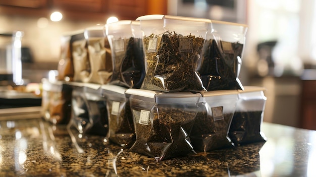 A stack of recently filled tea bags sit on the counter ready to be used for the mans herbal tea