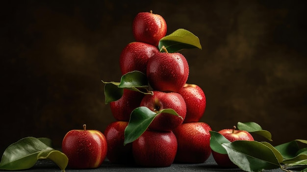 A stack of red apples with leaves on the top