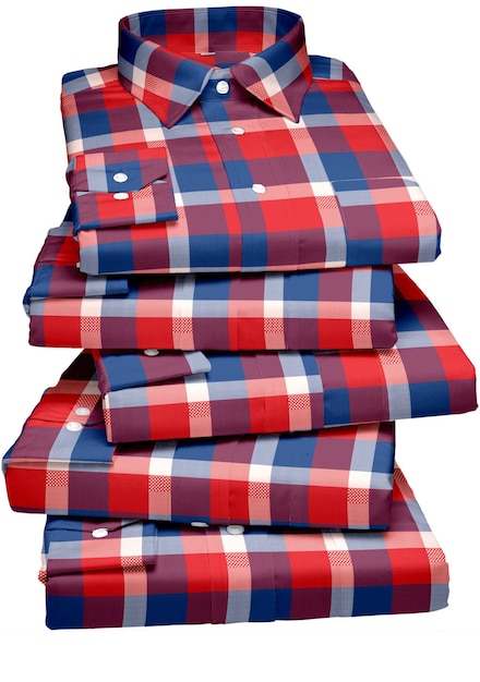 A stack of red and blue plaid shirts with the word " on the front. "