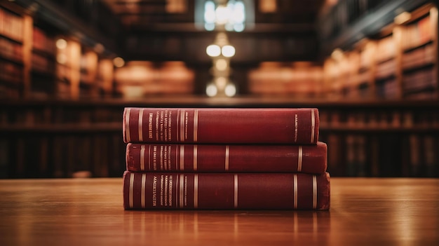 stack of red law books on a wooden table in a library