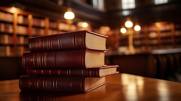 stack of red law books on a wooden table in a library