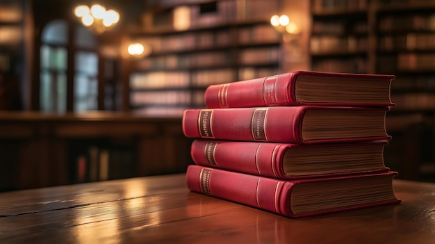 stack of red law books on a wooden table in a library