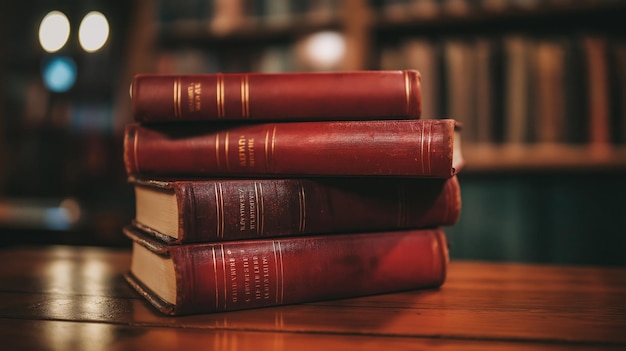 stack of red law books on a wooden table in a library