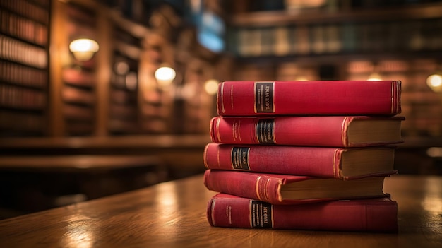 stack of red law books on a wooden table in a library