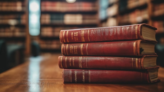 stack of red law books on a wooden table in a library