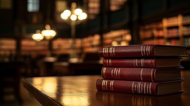 Photo stack of red law books on a wooden table in a library