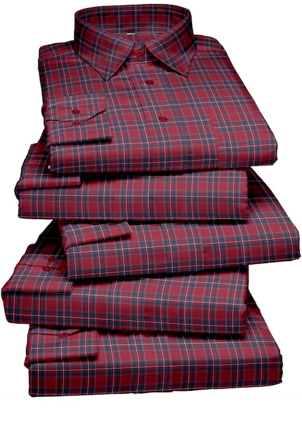 A stack of red plaid shirts with the word flannel on them