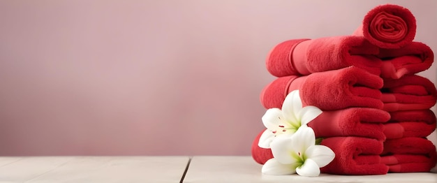 A stack of red spa towels with flowers and a dedicated copy space