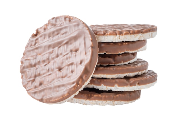 stack of rice crispbreads with chocolate isolated on white