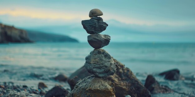 Stack of rocks on beach with ocean in background