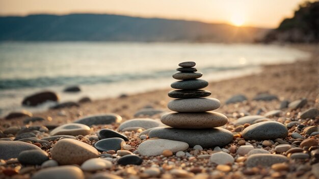 Photo a stack of rocks on a beach with the sun setting in the background