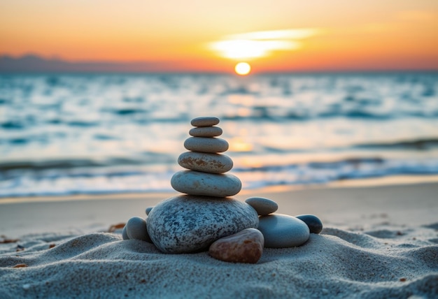 Photo a stack of rocks on a beach with the sun setting behind them