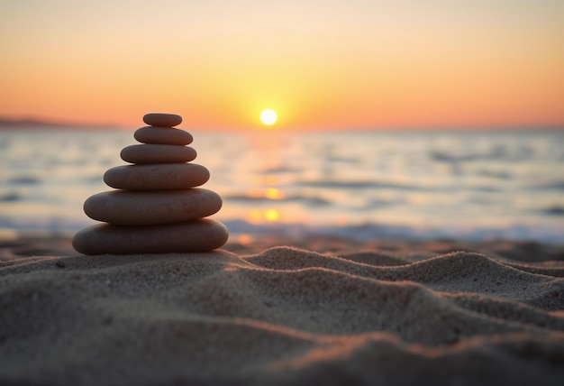 Photo a stack of rocks on a beach with the sun setting behind them