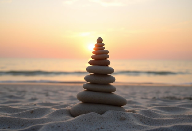 Photo a stack of rocks on a beach with the sun setting behind them