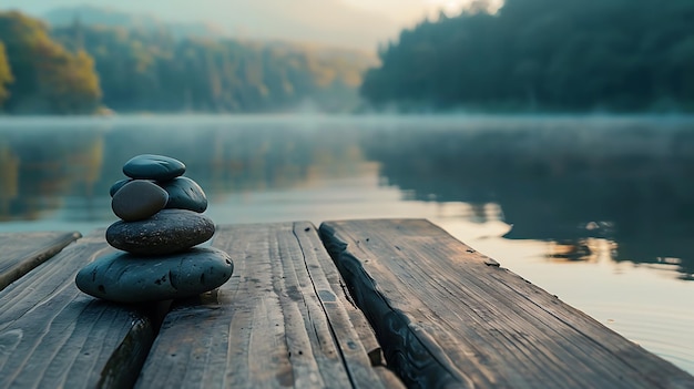 Photo stack of rocks on a dock with a lake in the background