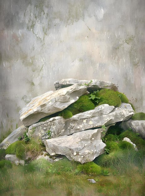 Stack of Rocks and Moss in Front of a Concrete Wall