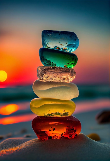 Stack of rocks sitting on top of a sandy beach generative ai