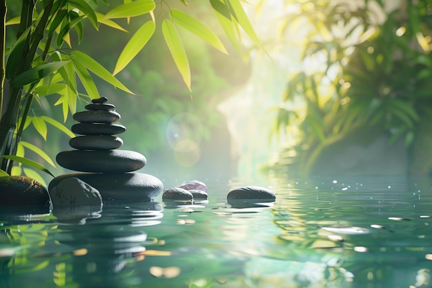 a stack of rocks in the water with a tree in the background