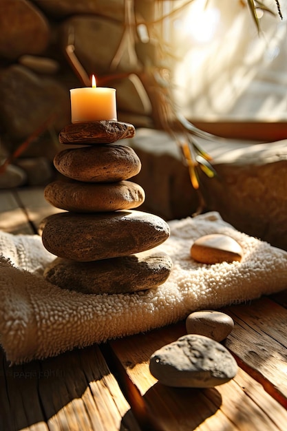 Photo a stack of rocks with a candle on top of them