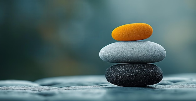 a stack of rocks with one that has a red one on it