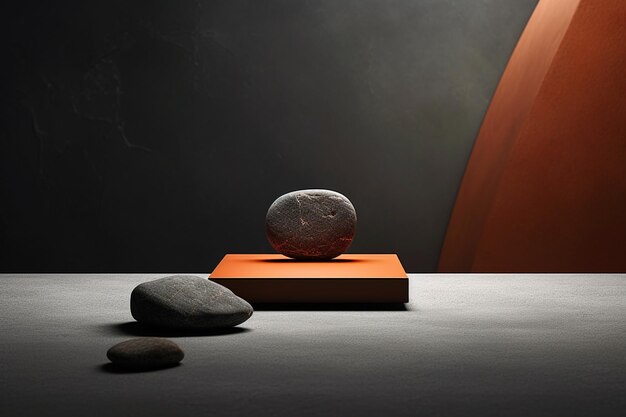 a stack of rocks with a red background with a wooden shelf behind them.