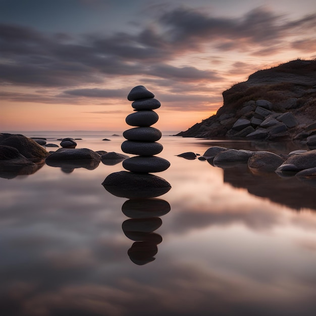 Photo a stack of rocks with a sunset in the background