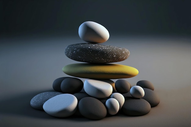 A stack of rocks with a white and black stone on top.