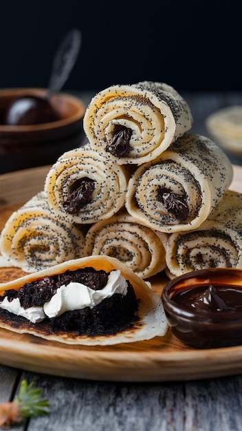 Photo a stack of rolls with chocolate and chocolate on the top