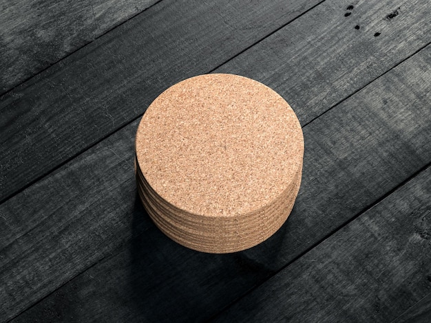 Stack of Round Cork beer coasters Mockup on the white wooden table 3d rendering