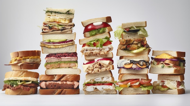 A stack of sandwiches with different toppings on them