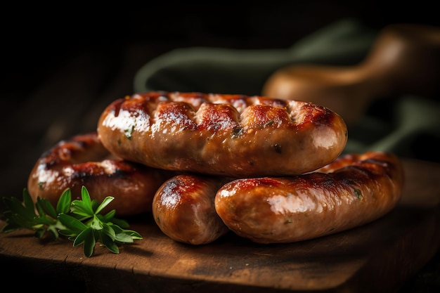 A stack of sausages on a wooden board