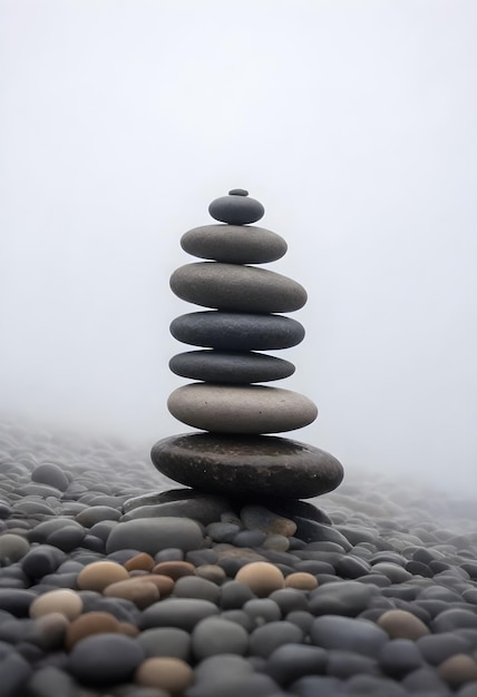 A stack of seven smooth stones balanced on top of each other with a small pebble on top