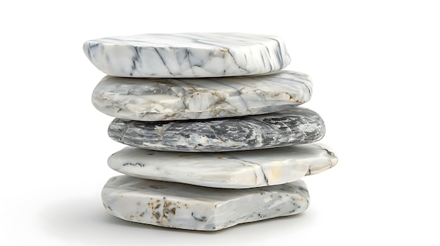 A stack of seven white and grey stones on a white background isolated on white background