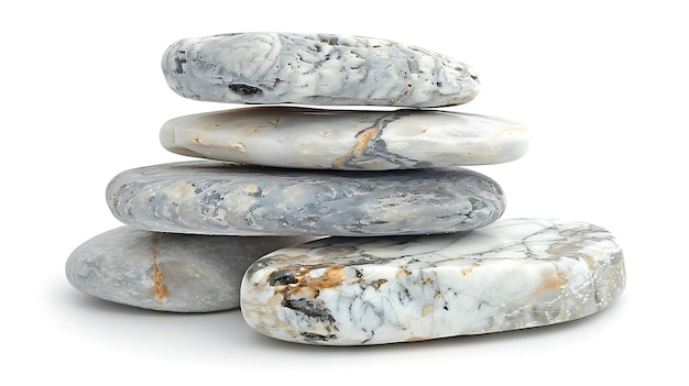 A stack of seven white and grey stones on a white background isolated on white background