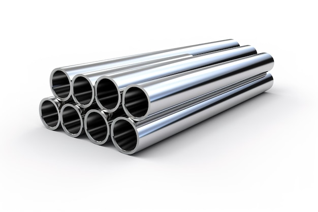 A Stack of Shiny Steel Tubes Reflecting Light in a Warehouse on a Clear PNG or White Background