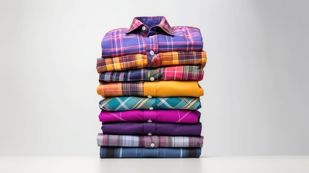 A stack of shirts with different colors including a plaid shirt.