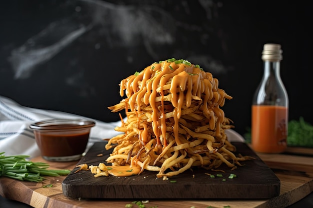 Stack of shoestring fries drizzled with zesty buffalo sauce created with generative ai