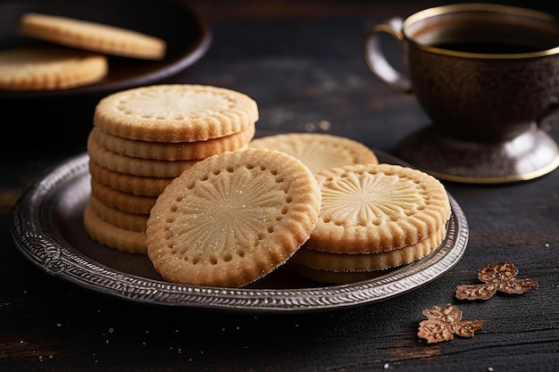 A stack of shortbread cookies on a plate with a cup of coffee in the background.