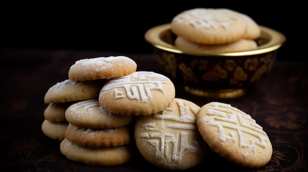 A stack of shortbread cookies with the word love on the top