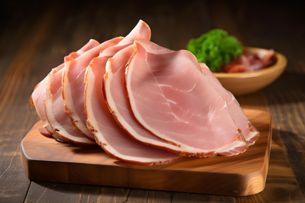 A stack of sliced ham on a wooden board with a bowl of broccoli in the background.