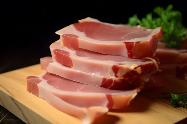 A stack of sliced meat on a cutting board with a green parsley in the background.