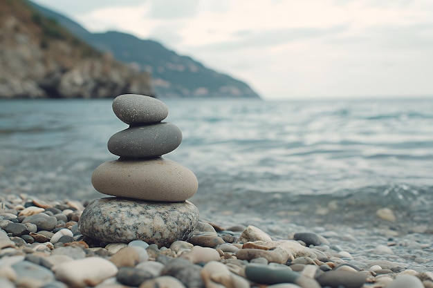 Photo stack of smooth grey stones on a pebble beach with ocean waves in the background