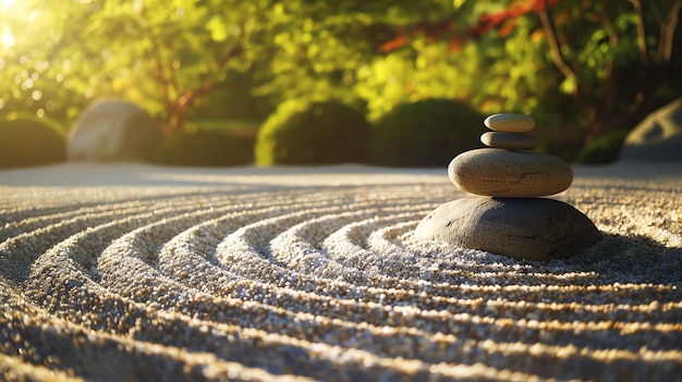 A stack of smooth grey stones sits in the center of a circular raked sand garden