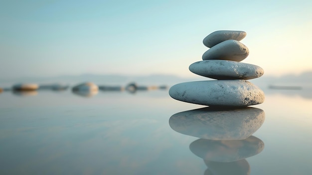 A stack of smooth round stones balanced on a calm lake at sunrise