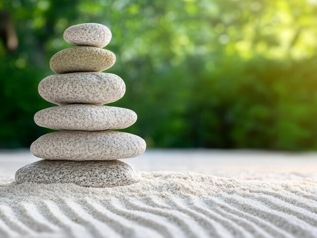 A stack of smooth stones on sand symbolizing balance and tranquility