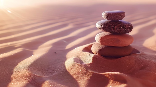 A stack of smooth stones on a sandy beach at sunset