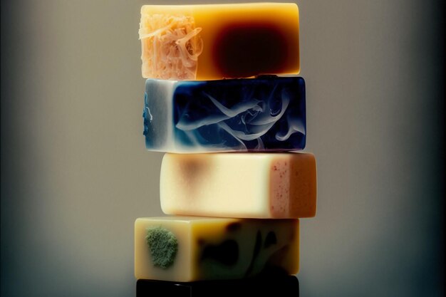 A stack of soaps with different colors and textures