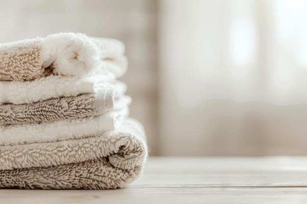 Stack of Soft Beige and White Towels on Wooden Surface in Bright Minimalist Setting Beauty Wellness