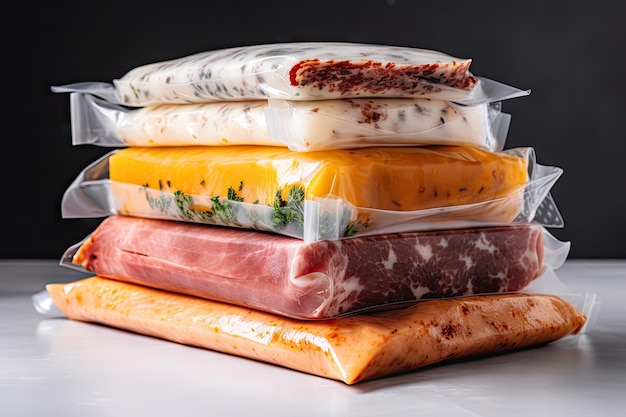 Stack of sousvide cooked meats cheeses and sauces for ultimate sandwich created with generative ai